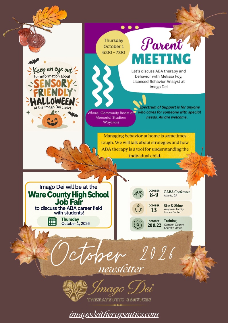 Imago Dei Therapeutic Services October 2026 newsletter featuring a parent meeting, a sensory-friendly Halloween announcement, a high school job fair, and October community events