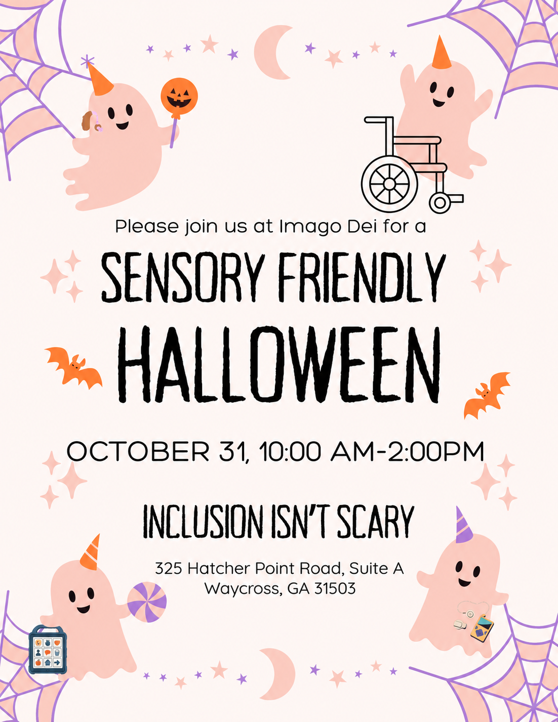 Sensory Friendly Halloween at Imago Dei, October 31, 10:00 AM–2:00 PM, 325 Hatcher Point Road, Suite A, Waycross, GA 31503. Inclusion isn’t scary.